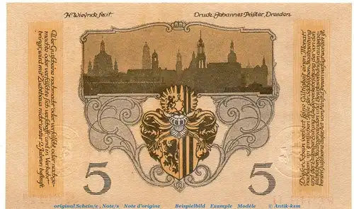 Dresden , Notgeld 5 Mark Schein in kfr. Bühn 1130.4.c  , Sachsen 1918 Grossnotgeld