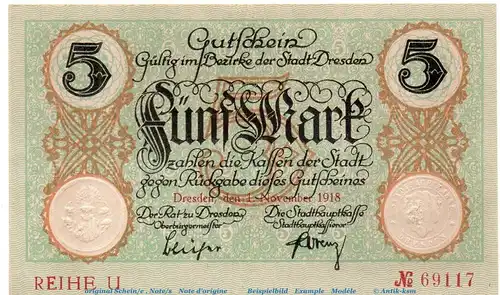 Dresden , Notgeld 5 Mark Schein in kfr. Bühn 1130.4.c  , Sachsen 1918 Grossnotgeld