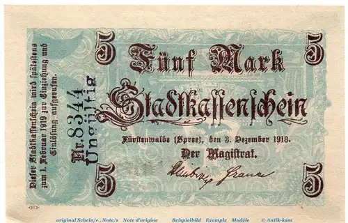 Banknote Fürstenwalde , 5 Mark Schein in kfr.E , Geiger 164.01 , 03.12.1918 , Brandenburg Großnotgeld