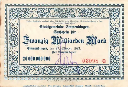 Banknote Stadt Emmendingen , 20 Milliarden Mark Schein in gbr. Keller 1348.a , von 1923 , Baden Inflation