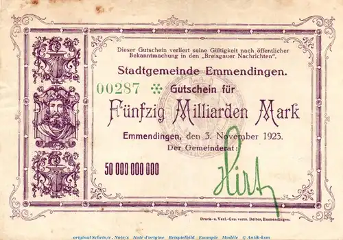 Banknote Stadt Emmendingen , 50 Milliarden Mark Schein in gbr. Keller 1348.d , von 1923 , Baden Inflation