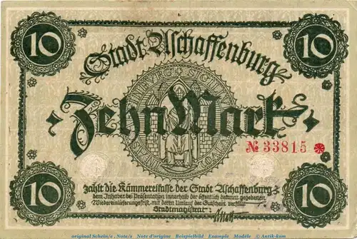 Banknote Aschaffenburg , 10 Mark Schein in kfr.E Geiger 022.02 , o.D. Bayern Großnotgeld