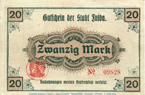 Banknote Stadt Fulda , 20 Mark Schein in kfr. Geiger 166.03 , von 1918 , Hessen Großnotgeld