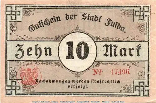 Banknote Stadt Fulda , 10 Mark Schein in kfr. Geiger 166.02 , von 1918 , Hessen Großnotgeld