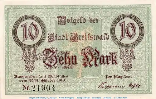 Banknote Stadt Greifswald , 10 Mark Schein in kfr.E , Geiger 194.01 von 1918 , Pommern Großnotgeld