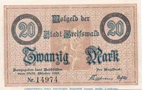 Banknote Stadt Greifswald , 20 Mark Schein in kfr.E , Geiger 194.02 von 1918 , Pommern Großnotgeld