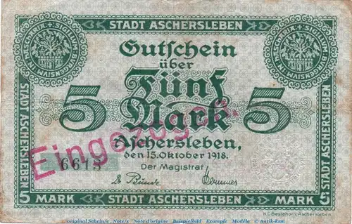 Banknote Stadt Aschersleben , 5 Mark Schein in gbr.E Geiger 023.01 , von 1918 , Sachsen Anhalt Großnotgeld