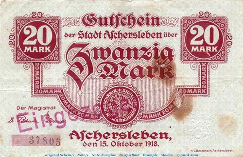 Banknote Stadt Aschersleben , 20 Mark Schein in gbr.E Geiger 023.03 , von 1918 , Sachsen Anhalt Großnotgeld