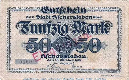 Banknote Stadt Aschersleben , 50 Mark Schein in gbr.E Geiger 023.04 , von 1918 , Sachsen Anhalt Großnotgeld