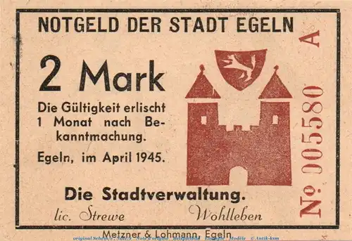 Banknote Stadt Egeln , 2 Mark Schein in kfr. Serie A , April 1945 , Sachsen Anhalt , Notgeld 1945