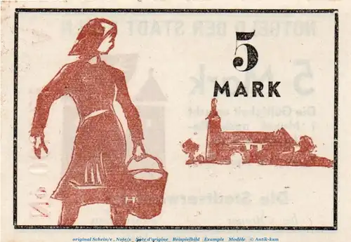 Banknote Stadt Egeln , 5 Mark Schein in kfr. Serie A , April 1945 , Sachsen Anhalt , Notgeld 1945