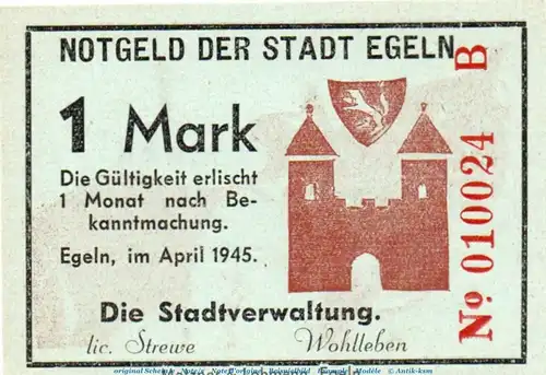 Banknote Stadt Egeln , 1 Mark Schein in kfr. Serie B , April 1945 , Sachsen Anhalt , Notgeld 1945