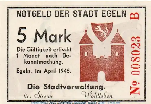 Banknote Stadt Egeln , 5 Mark Schein in kfr. Serie B , April 1945 , Sachsen Anhalt , Notgeld 1945