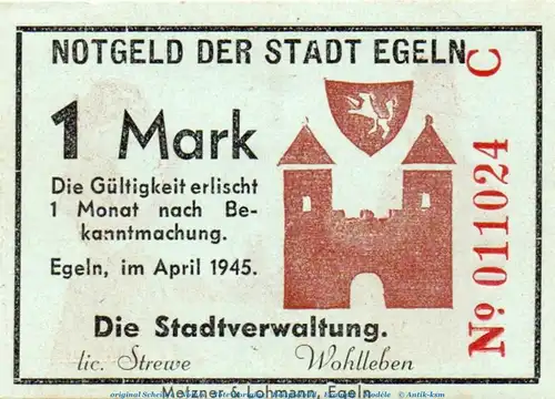 Banknote Stadt Egeln , 1 Mark Schein in kfr. Serie C , April 1945 , Sachsen Anhalt , Notgeld 1945