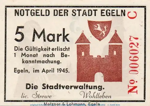 Banknote Stadt Egeln , 5 Mark Schein in kfr. Serie C , April 1945 , Sachsen Anhalt , Notgeld 1945
