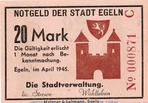 Banknote Stadt Egeln , 20 Mark Schein in kfr. Serie C , April 1945 , Sachsen Anhalt , Notgeld 1945