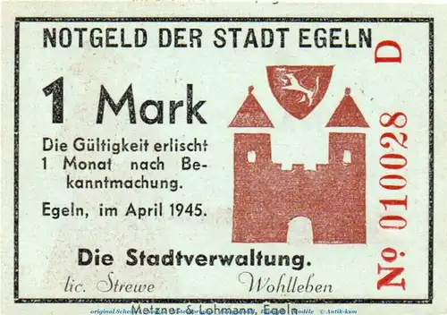 Banknote Stadt Egeln , 1 Mark Schein in kfr. Serie D , April 1945 , Sachsen Anhalt , Notgeld 1945