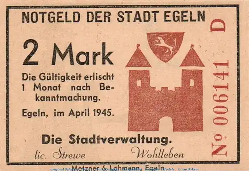 Banknote Stadt Egeln , 2 Mark Schein in kfr. Serie D , April 1945 , Sachsen Anhalt , Notgeld 1945