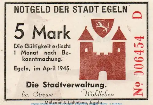 Banknote Stadt Egeln , 5 Mark Schein in kfr. Serie D , April 1945 , Sachsen Anhalt , Notgeld 1945