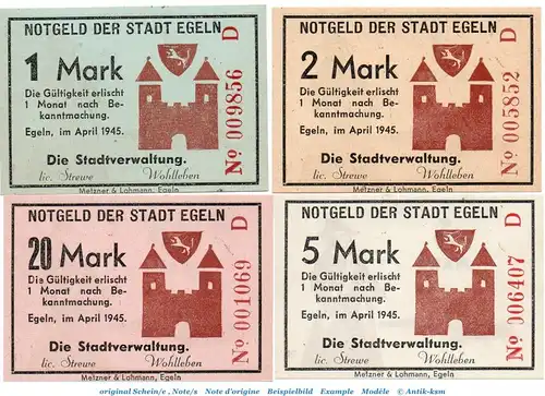 Banknote Stadt Egeln , Set mit 4 Scheinen in kfr. Serie D , April 1945 , Sachsen Anhalt , Notgeld 1945