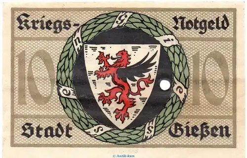 Banknote Stadt Gießen , 10 Mark Schein in kfr.E , Geiger 178.02 von 1918 , Hessen Großnotgeld