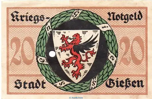 Banknote Stadt Gießen , 20 Mark Schein in kfr.E , Geiger 178.03 von 1918 , Hessen Großnotgeld