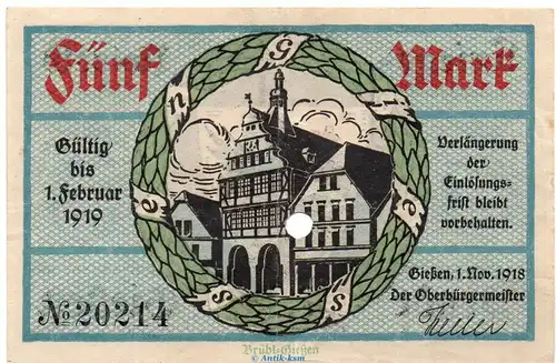 Banknote Stadt Gießen , 5 Mark Schein in gbr.E , Geiger 178.01 von 1918 , Hessen Großnotgeld