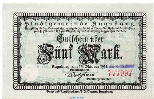 Notgeld Stadt Augsburg , 5 Mark Schein in kfr.E Geiger 025.05 von 1918 , Bayern Großnotgeld