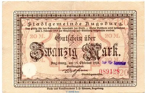 Banknote Stadt Augsburg , 20 Mark Schein in gbr.E , Geiger 025.03.a von 1918 , Bayern Großnotgeld