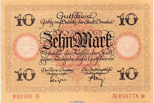 Dresden , Notgeld 10 Mark Schein in kfr. Bühn 1130.5 , Sachsen 1918 Grossnotgeld