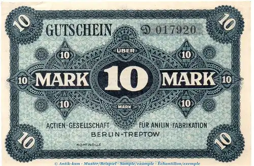 Banknote -Agfa- Berlin Treptow , 10 Mark Schein in kfr. Geiger 041.02.a von 1919 , Brandenburg Großnotgeld