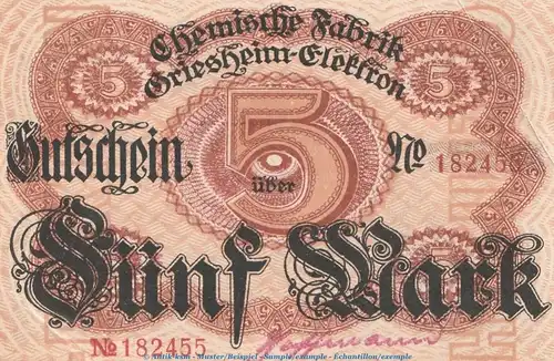 Banknote Griesheim-Elektron Frankfurt , 5 Mark Schein in L-gbr. Geiger 151.01.a von 1918 , Hessen Großnotgeld