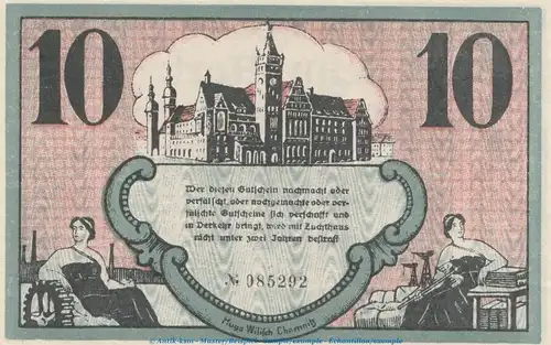 Banknote Finanzvereinigung Chemnitz , 10 Mark Schein in kfr. Geiger 079.06.b , von 1918 , Sachsen Großnotgeld