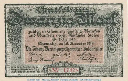 Banknote Finanzvereinigung Chemnitz , 20 Mark Schein in kfr. Geiger 079.04 , von 1918 , Sachsen Großnotgeld