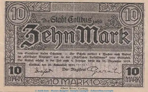 Banknote Stadt Cottbus , 10 Mark Schein in gbr. Geiger 085.02 von 1918 , Brandenburg Großnotgeld