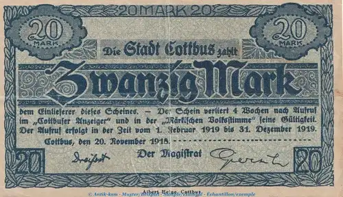 Banknote Stadt Cottbus , 20 Mark Schein in gbr. Geiger 085.03 von 1918 , Brandenburg Großnotgeld
