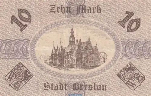 Notgeld Stadt Breslau , 10 Mark Schein in gbr. Geiger 068.02 von 1918 , Schlesien Großnotgeld