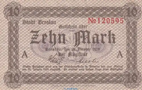 Notgeld Stadt Breslau , 10 Mark Schein in gbr. Geiger 068.02 von 1918 , Schlesien Großnotgeld