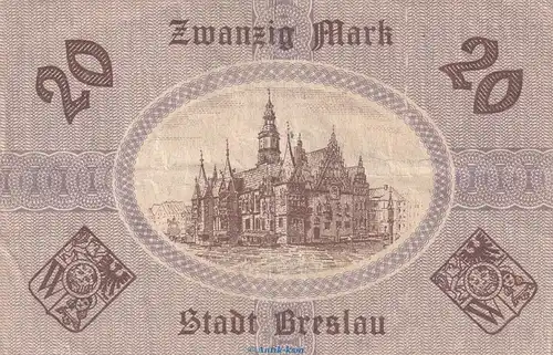Notgeld Stadt Breslau , 20 Mark Schein in gbr. Geiger 068.24 von 1918 , Schlesien Großnotgeld