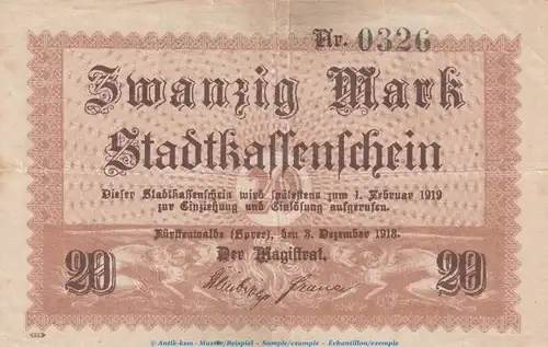Banknote Fürstenwalde , 20 Mark Schein in gbr. Geiger 164.02 , 03.12.1918 , Brandenburg Großnotgeld
