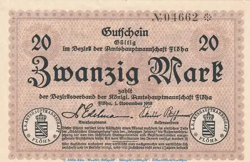 Notgeld Amtshauptmannschaft Flöha , 20 Mark Schein in kfr. Geiger 146.02 , 01.11.1918 , Sachsen Großnotgeld
