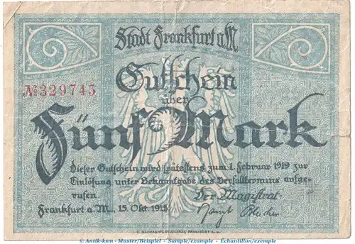 Notgeld Stadt Frankfurt a.M. 5 Mark Schein in gbr. Geiger 150.01 , 15.10.1918 , Hessen Großnotgeld