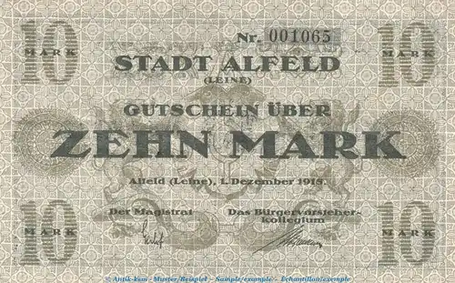Notgeld Stadt Alfeld , 10 Mark Schein in gbr. Geiger 007.04 von 1918 , Niedersachsen Grossnotgeld