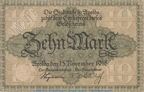 Notgeld Stadt Apolda , 10 Mark Schein in gbr.E , Geiger 021.03 von 1918 , Thüringen Grossnotgeld