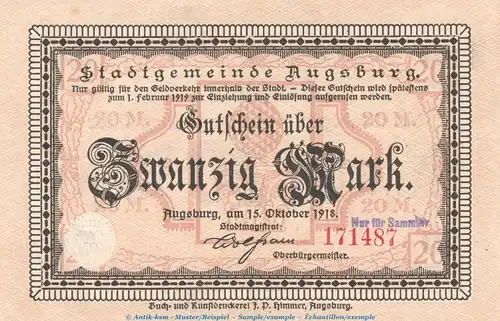Notgeld Stadt Augsburg , 20 Mark Schein in kfr.E , Geiger 025.07 von 1918 , Bayern Grossnotgeld