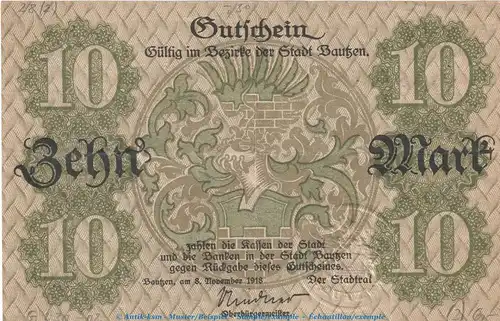 Notgeld Stadt Bautzen , 10 Mark Schein in gbr.E , Geiger 030.02 von 1918 , Sachsen Grossnotgeld