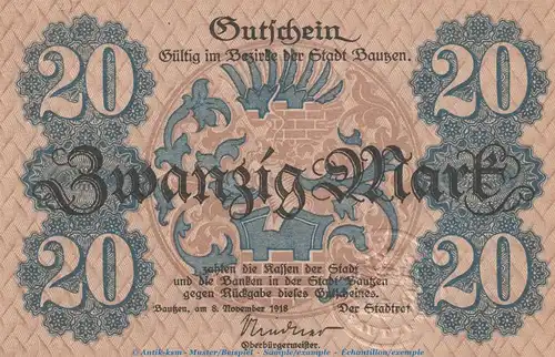 Notgeld Stadt Bautzen , 20 Mark Schein in kfr. Geiger 030.03 von 1918 , Sachsen Grossnotgeld