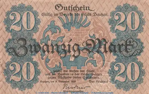 Notgeld Stadt Bautzen , 20 Mark Schein in gbr.E , Geiger 030.03 von 1918 , Sachsen Grossnotgeld