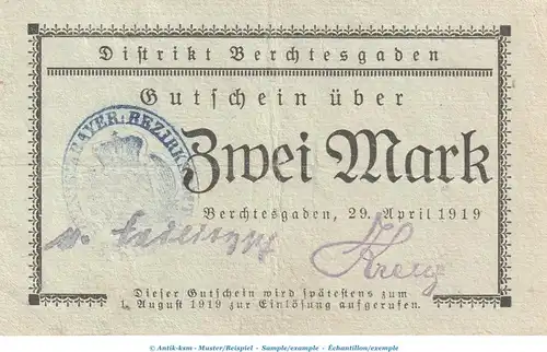 Notgeld Distikt Berchtesgaden , 2 Mark Schein in gbr. Geiger 038.02 von 1919 , Bayern Grossnotgeld