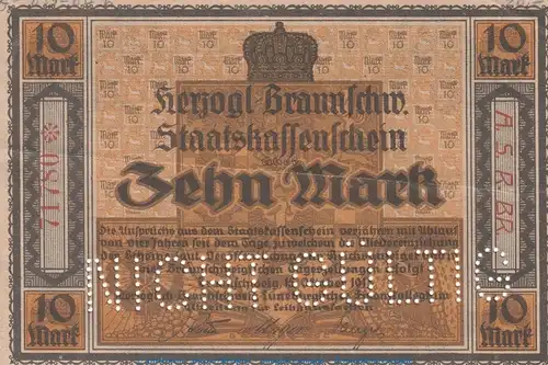 Banknote Stadt Braunschweig , 10 Mark Schein in gbr.E , Geiger 059.04.b von 1918 , Niedersachsen Großnotgeld
